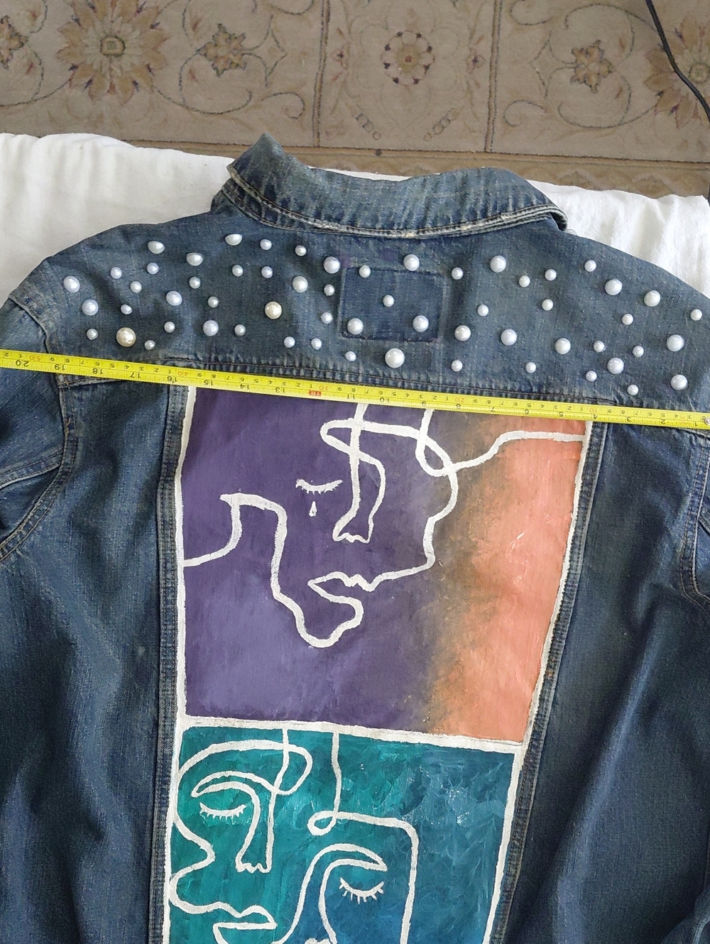 OOAK Hand Painted Denim Jacket Abstract Line Art Portrait Pearl Embellished - Picture 10 of 10